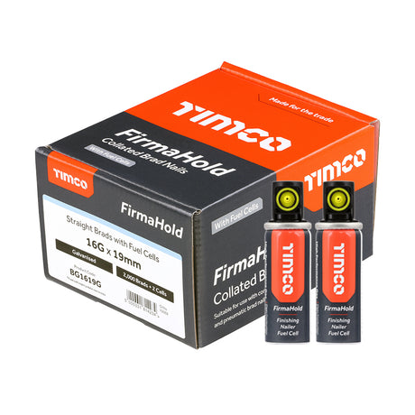 This is an image of Timco - FirmaHold Collated Brad Nails & Fuel Cells - 16 Gauge - Straight - Galvanised 16g x 19mm/2BFC (2000 PCS Box) BG1619G
