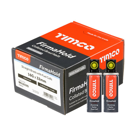 This is an image of Timco - FirmaHold Collated Brad Nails & Fuel Cells - 16 Gauge - Straight - Galvanised 16g x 32mm/2BFC (2000 PCS Box)