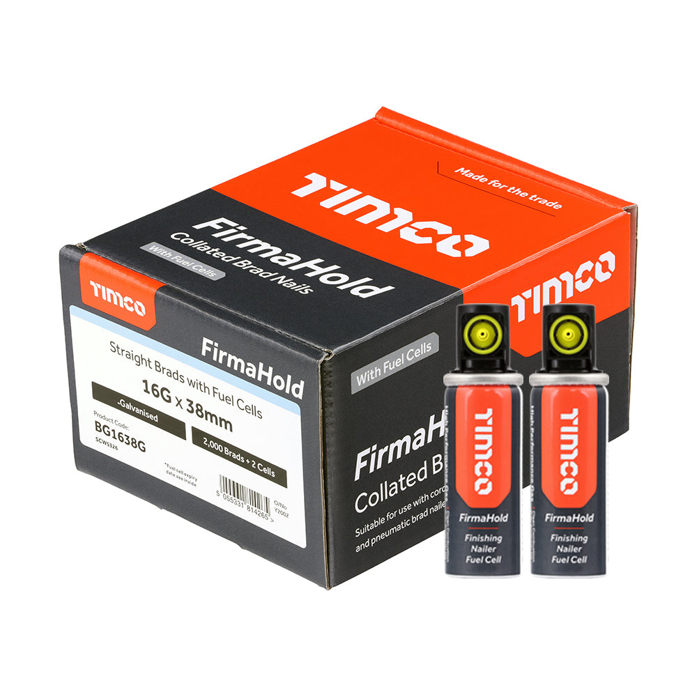 This is an image of Timco - FirmaHold Collated Brad Nails & Fuel Cells - 16 Gauge - Straight - Galvanised 16g x 38mm/2BFC (2000 PCS Box)