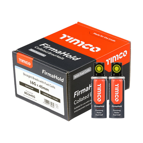 This is an image of Timco - FirmaHold Collated Brad Nails & Fuel Cells - 16 Gauge - Straight - Galvanised 16g x 45mm/2BFC (2000 PCS Box) BG1645G