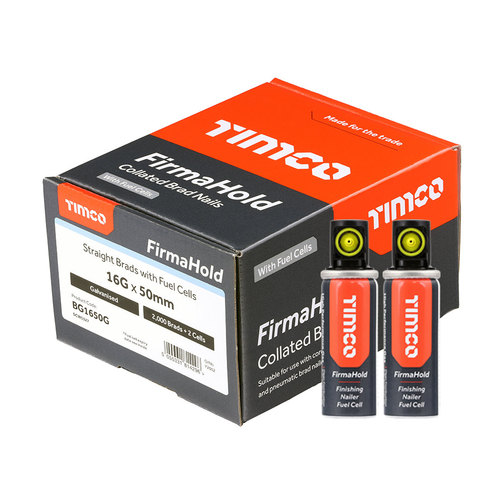 This is an image of Timco - FirmaHold Collated Brad Nails & Fuel Cells - 16 Gauge - Straight - Galvanised 16g x 50mm/2BFC (2000 PCS Box) BG1650G