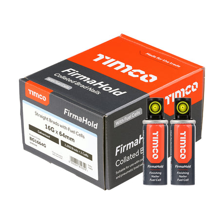 This is an image of Timco - FirmaHold Collated Brad Nails & Fuel Cells - 16 Gauge - Straight - Galvanised 16g x 64mm/2BFC (2000 PCS Box) BG1664G