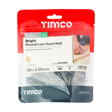 This is an image of Timco - Round Lost Head Nails - Bright 50 x 3.00mm (0.5 Kg TIMbag) BLH50MB