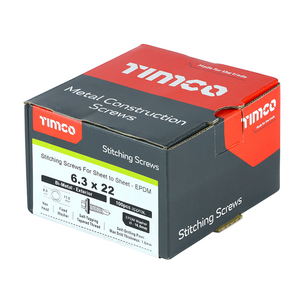 This is an image of Timco - Metal Construction Stitching Screws - For Sheet to Sheet - Hex - EPDM Washer - Bi-Metal - Exterior - Silver Organic 6.3 x 22mm - (100 PCS Box) BMS22W16