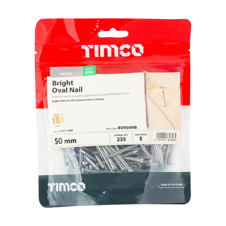 This is an image of Timco - Oval Nails - Bright 50mm (0.5 Kg TIMbag) BON50MB