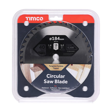 This is an image of Timco - Circular Saw Blade - Trimming/Crosscut - Medium/Fine 184 x 16 x 40T (1 Each Clamshell) C1841640
