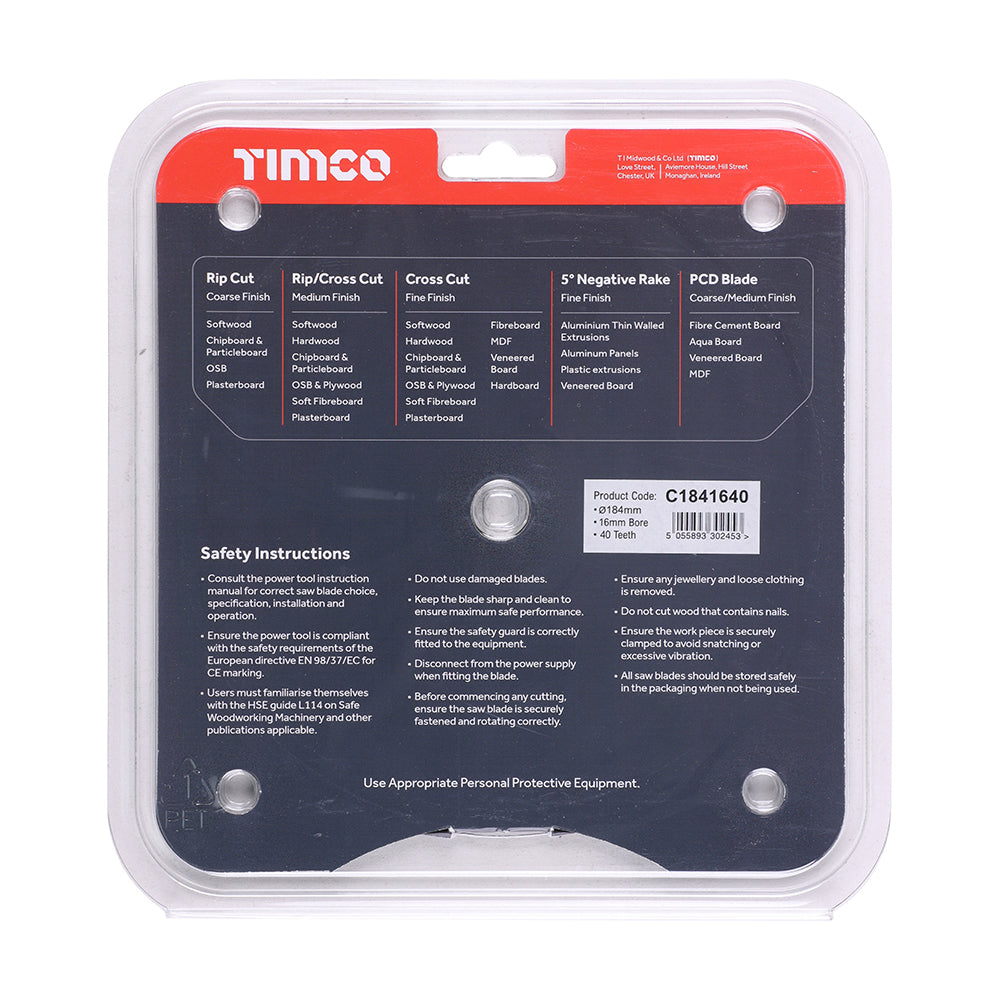 This is an image of Timco - Circular Saw Blade - Trimming/Crosscut - Medium/Fine 184 x 16 x 40T (1 Each Clamshell) C1841640
