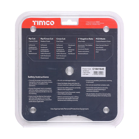 This is an image of Timco - Circular Saw Blade - Trimming/Crosscut - Medium/Fine 184 x 16 x 40T (1 Each Clamshell) C1841640