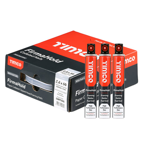 This is an image of Timco - FirmaHold Collated Clipped Head Nails & Fuel Cells - Trade Pack - Ring Shank - Bright 2.8 x 50mm/3CFC (3300 PCS Box) CBRT50G