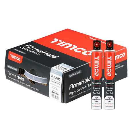 This is an image of Timco - FirmaHold Collated Clipped Head Nails & Fuel Cells - Trade Pack - Plain Shank - Bright 3.1 x 90mm/2CFC (2200 PCS Box) CBRT90G