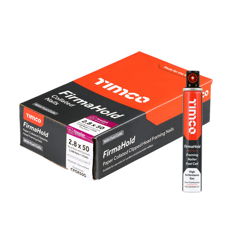 This is an image of Timco - FirmaHold Collated Clipped Head Nails & Fuel Cells - Retail Pack - Ring Shank - FirmaGalv 2.8 x 50mm/1CFC (1100 PCS Box) CFGR50G
