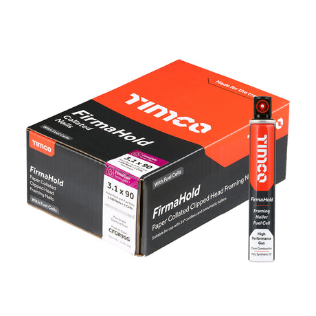This is an image of Timco - FirmaHold Collated Clipped Head Nails & Fuel Cells - Retail Pack - Plain Shank - FirmaGalv 3.1 x 90mm/1CFC (1100 PCS Box) CFGR90G