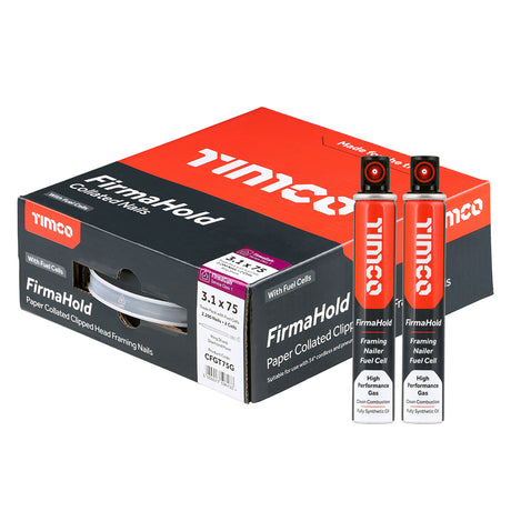 This is an image of Timco - FirmaHold Collated Clipped Head Nails & Fuel Cells - Trade Pack - Ring Shank - FirmaGalv 3.1 x 75mm/2CFC (2200 PCS Box) CFGT75G