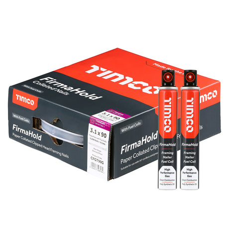 This is an image of Timco - FirmaHold Collated Clipped Head Nails & Fuel Cells - Trade Pack - Plain Shank - FirmaGalv 3.1 x 90mm/2CFC (2200 PCS Box) CFGT90G