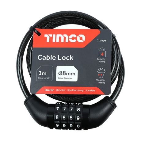 This is an image of Timco - Combination Cable Lock 8mm x 1m (1 Each Backing Card) CL1000