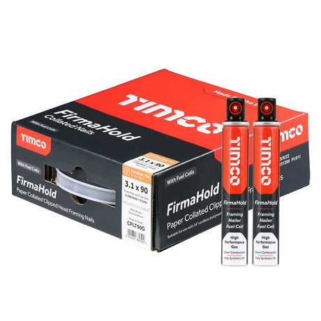 This is an image of Timco - FirmaHold Collated Clipped Head Nails & Fuel Cells - Trade Pack - Plain Shank - FirmaGalv + 3.1 x 90mm/2CFC (2200 PCS Box) CPLT90G