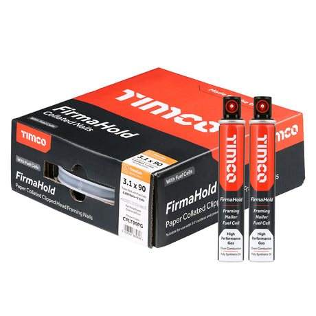 This is an image of Timco - FirmaHold Collated Clipped Head Nails & Fuel Cells - Trade Pack - Part Ring Shank - FirmaGalv + 3.1 x 90mm/2CFC (2200 PCS Box) CPLT90PG