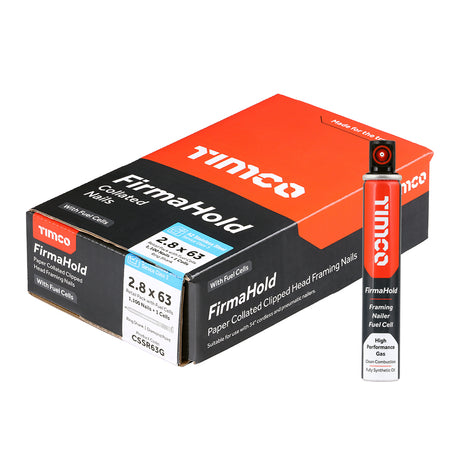 This is an image of Timco - FirmaHold Collated Clipped Head Nails & Fuel Cells - Retail Pack - Ring Shank - A2 Stainless Steel 2.8 x 63mm/1CFC (1100 PCS Box) CSSR63G