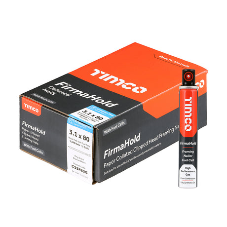 This is an image of Timco - FirmaHold Collated Clipped Head Nails & Fuel Cells - Retail Pack - Ring Shank - A2 Stainless Steel 3.1 x 80mm/1CFC (1100 PCS Box) CSSR80G