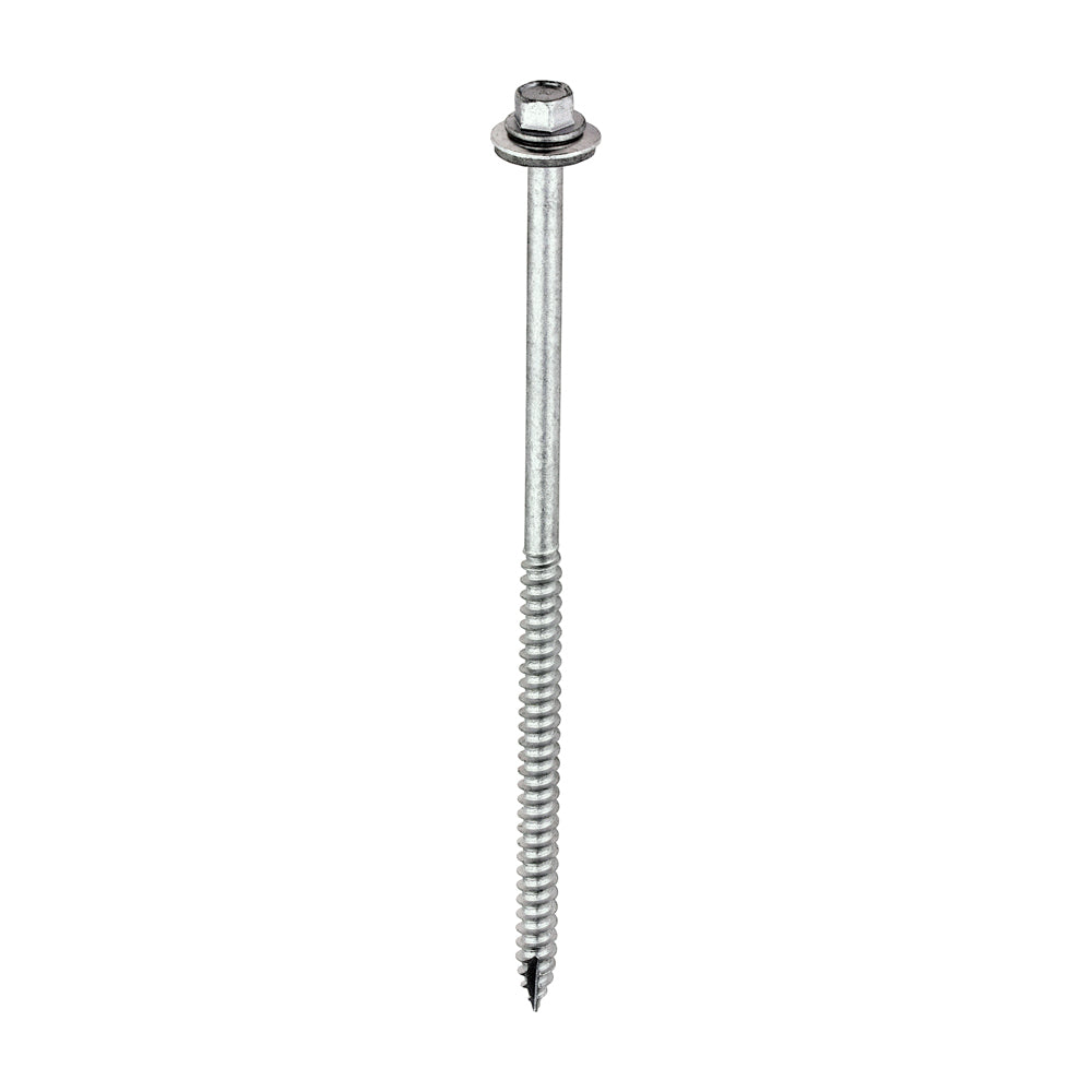 This is an image of Timco - Metal Construction Thin Sheet Metal to Timber Screws - Hex - EPDM Washer - Slash Point - Exterior - Silver Organic 6.3 x 150mm - (100 PCS Box) DS150W16B
