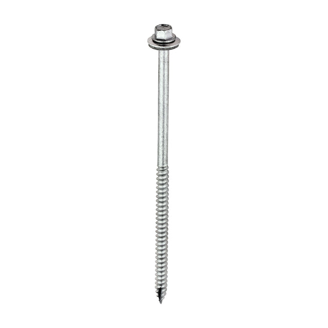 This is an image of Timco - Metal Construction Thin Sheet Metal to Timber Screws - Hex - EPDM Washer - Slash Point - Exterior - Silver Organic 6.3 x 150mm - (100 PCS Box) DS150W16B