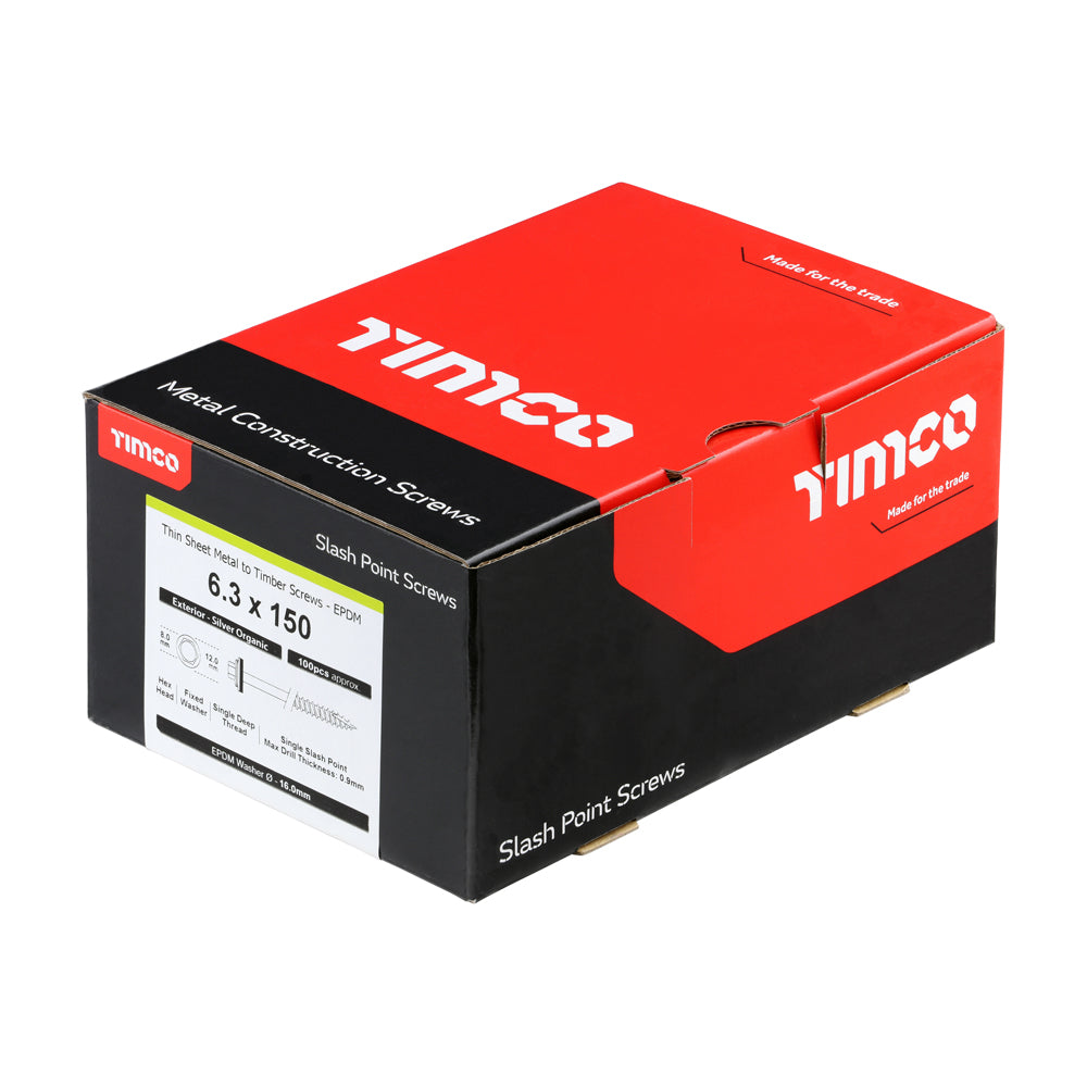 This is an image of Timco - Metal Construction Thin Sheet Metal to Timber Screws - Hex - EPDM Washer - Slash Point - Exterior - Silver Organic 6.3 x 150mm - (100 PCS Box) DS150W16B