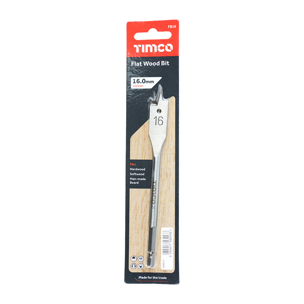This is an image of Timco - Flat Wood Bit 16.0 x 152 (1 Each Blister Pack) FB16