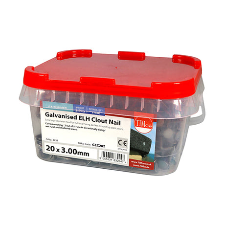 This is an image of Timco - Extra Large Head Clout Nails - Galvanised 20 x 3.00mm (2.5 Kg TIMtub) GEC20T