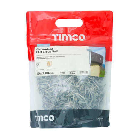 This is an image of Timco - Extra Large Head Clout Nails - Galvanised 30 x 3.00mm (2.5 Kg TIMbag) GEC30LB
