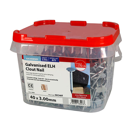 This is an image of Timco - Extra Large Head Clout Nails - Galvanised 40 x 3.00mm (2.5 Kg TIMtub) GEC40T