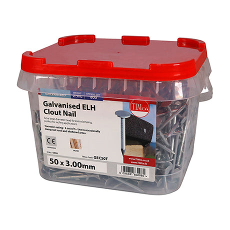 This is an image of Timco - Extra Large Head Clout Nails - Galvanised 50 x 3.00mm (2.5 Kg TIMtub) GEC50T