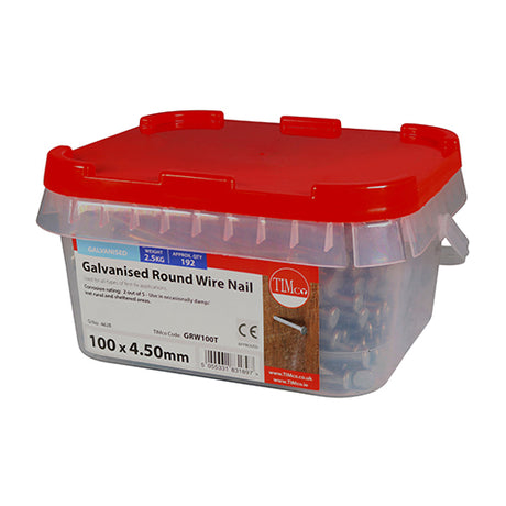 This is an image of Timco - Round Wire Nails - Galvanised 100 x 4.50mm (2.5 Kg TIMtub) GRW100T
