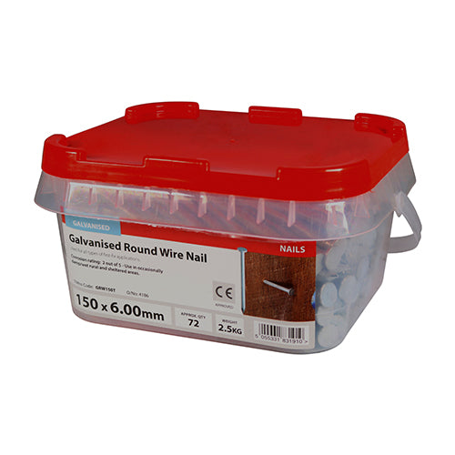 This is an image of Timco - Round Wire Nails - Galvanised 150 x 6.00mm (2.5 Kg TIMtub) GRW150T