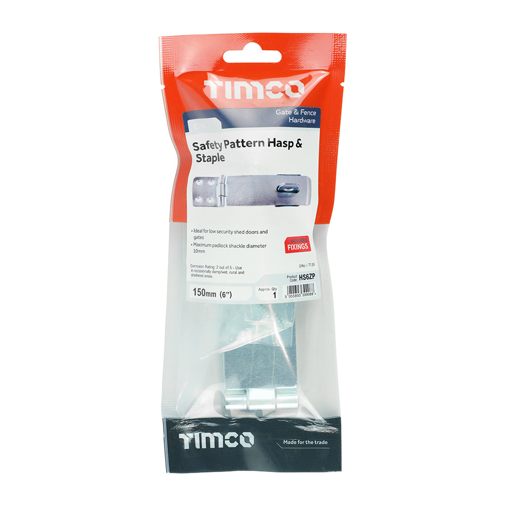 This is an image of Timco - Safety Pattern Hasp & Staple - Zinc 6" (1 Each TIMpac) HS6ZP