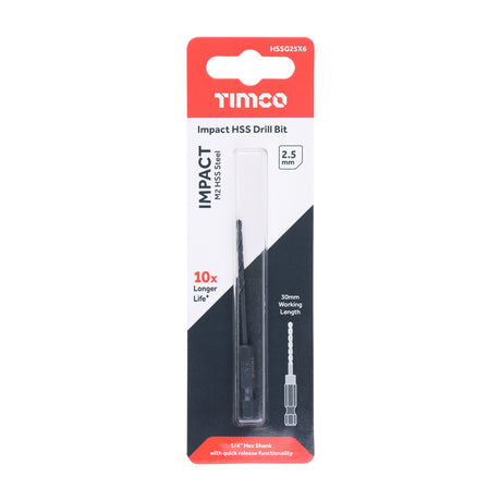 This is an image of Timco - Impact Drill Bit 2.5mm (1 Each Blister Pack) HSSG25X6