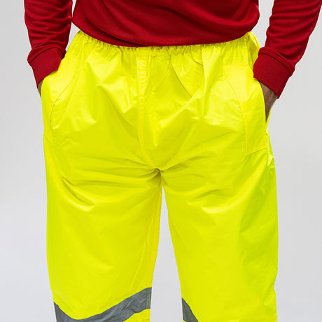This is an image of Timco - Hi-Visibility Elasticated Waist Trousers - Yellow Large (1 Each Bag) HVETRSLRG