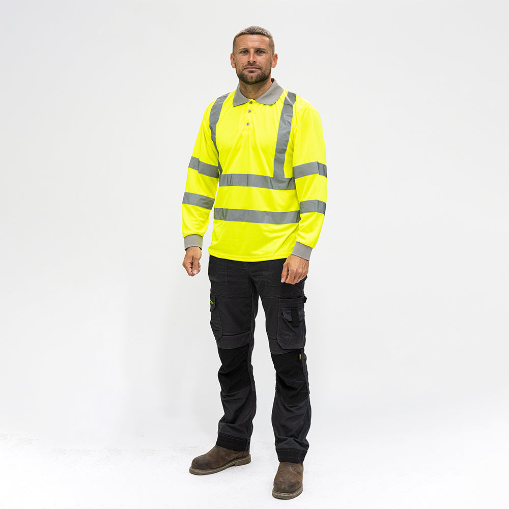 This is an image of Timco - Hi-Visibility Polo Shirt - Long Sleeve - Yellow Small (1 Each Bag) HVLSPSML