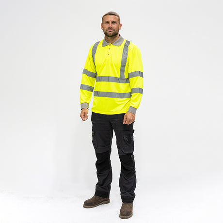 This is an image of Timco - Hi-Visibility Polo Shirt - Long Sleeve - Yellow Small (1 Each Bag) HVLSPSML