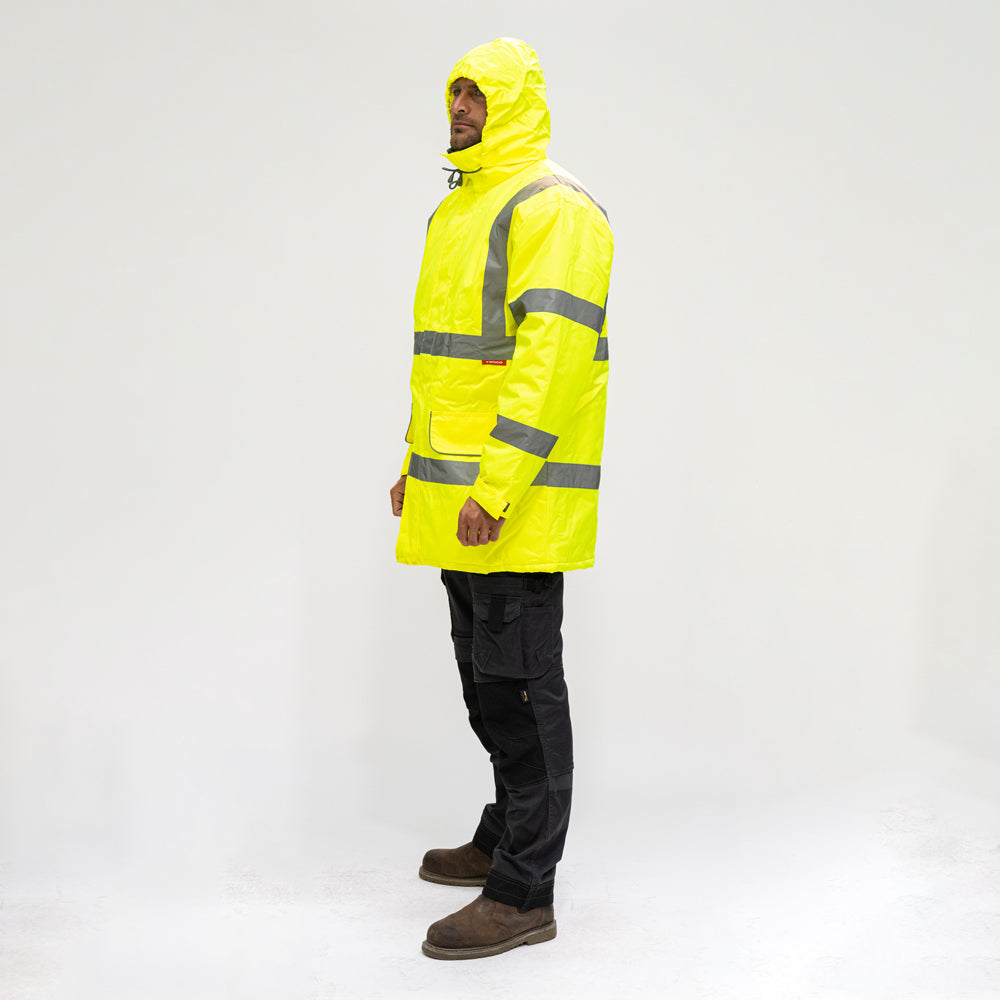 This is an image of Timco - Hi-Visibility Parka Jacket - Yellow XXXX Large (1 Each Bag) HVPJ4XL