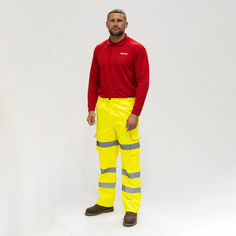 This is an image of Timco - Hi-Visibility Executive Trousers - Yellow Large (1 Each Bag) HVTRSLRG