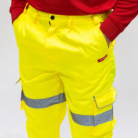 This is an image of Timco - Hi-Visibility Executive Trousers - Yellow Large (1 Each Bag) HVTRSLRG