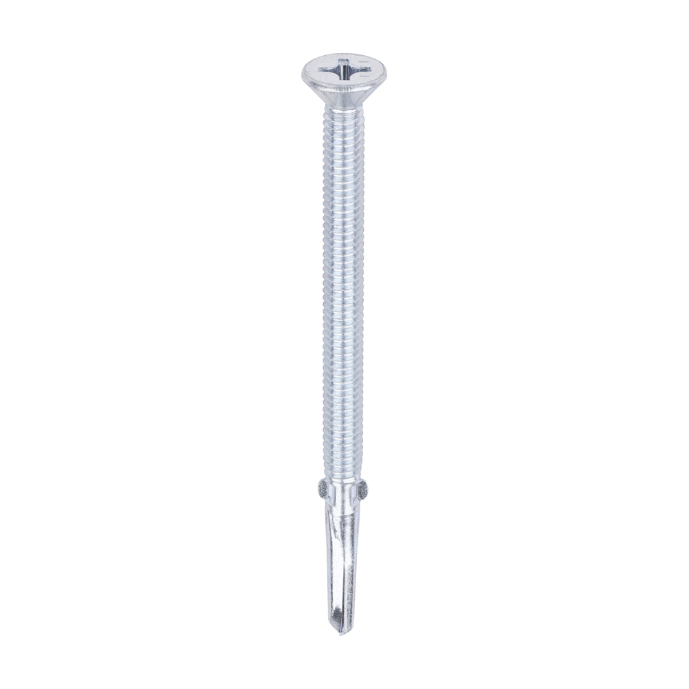 This is an image of Timco - Metal Construction Timber to Heavy Section Screws - Countersunk - Wing-Tip - Self-Drilling - Zinc 5.5 x 85mm - (100 PCS Box) HW85B