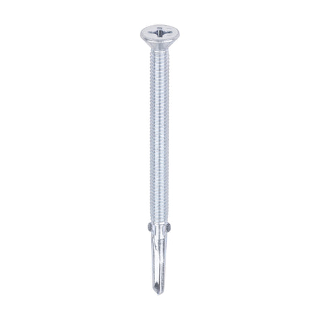 This is an image of Timco - Metal Construction Timber to Heavy Section Screws - Countersunk - Wing-Tip - Self-Drilling - Zinc 5.5 x 85mm - (100 PCS Box) HW85B