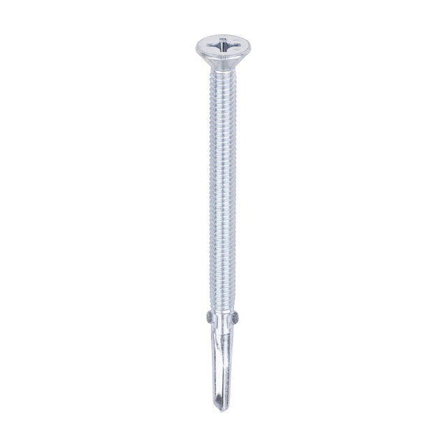 This is an image of Timco - Metal Construction Timber to Heavy Section Screws - Countersunk - Wing-Tip - Self-Drilling - Zinc 5.5 x 85mm - (100 PCS Box) HW85B