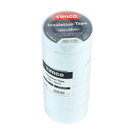 This is an image of Timco - PVC Insulation Tape - White 25m x 18mm (10 PCS Roll Pack) PCSITWHITE