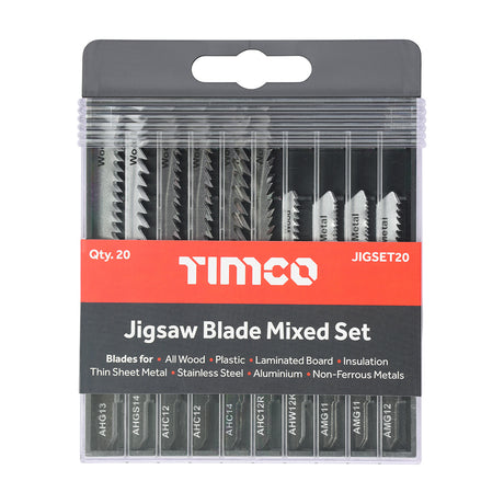 This is an image of Timco - Mixed Jigsaw Set - Wood & Metal Cutting - High Carbon Steel & HSS Blades Mixed (20 Pieces Case) JIGSET20