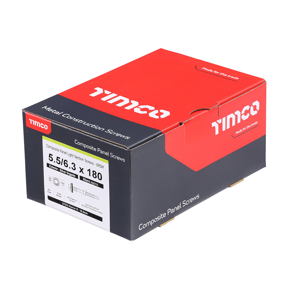 This is an image of Timco - Metal Construction Composite Panel Screws - Hex - EPDM Washer - Self-Drilling - Exterior - Silver Organic 5.5/6.3 x 180mm - (50 PCS Box) LH180W16B