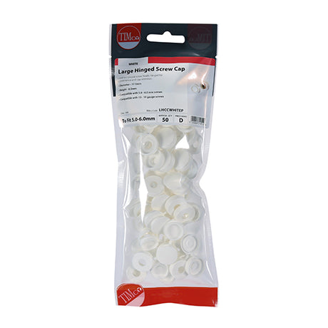 This is an image of Timco - Hinged Screw Caps - Large - White To fit 5.0 to 6.0 Screw - (50 PCS TIMpac) LHCCWHITEP