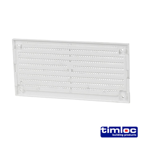 This is an image of Timco - Timloc Internal Plastic Louvre Mini Grille Vent with Flyscreen - White - 1218WF 166 x 85mm (1 Each Bag) LOC1218WF