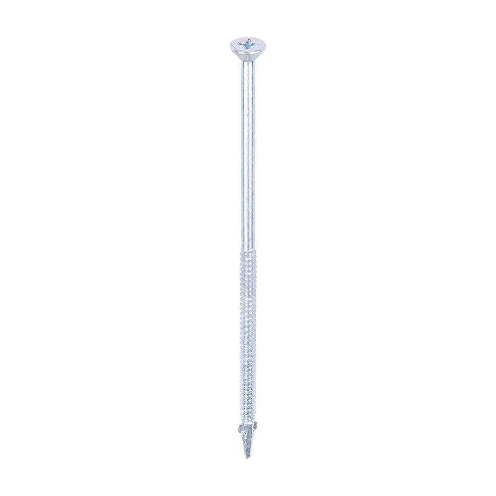 This is an image of Timco - Metal Construction Timber to Light Section Screws - Countersunk - Wing-Tip - Self-Drilling - Zinc 5.5 x 150mm - (100 PCS Box) LW150B